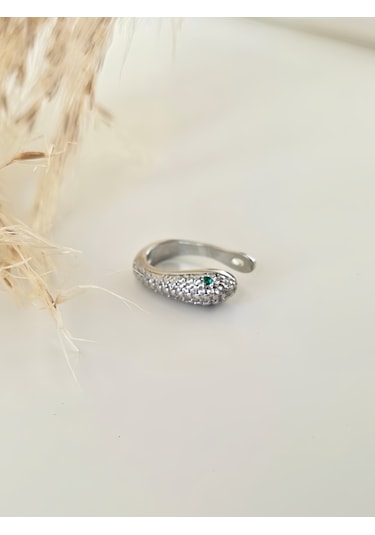 Minimal Yılan Model Zirkon Taşlı Kıkırdak Cuff Gümüş Renk Küpe Silver