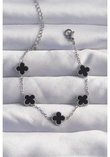 316l Çelik Baby Boy Gümüş Renk Siyah Mineli Yonca Bileklik