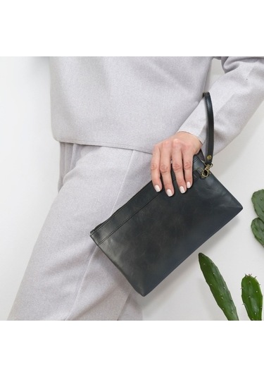 Shidai888 Retro Deri Debriyaj Fermuarlı Zarf Çanta Siyah