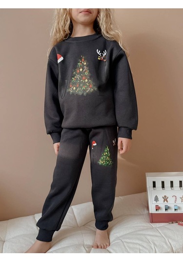 Kız Çocuk Yılbaşı Temalı 3 İplik Eşofman Takımı Lacivert