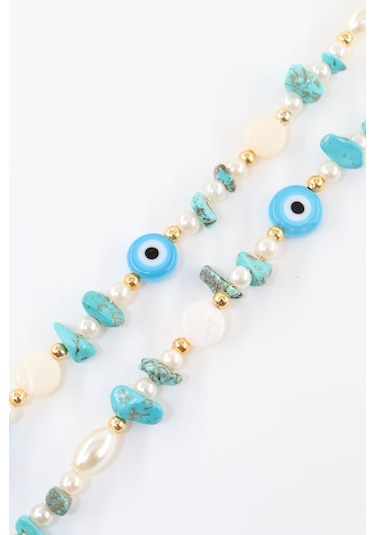 Boncuklu Gözlük İpi. Gözlük Zinciri. Tasarım İncili Doğal Taşlı. Gözlük İpi. Gözlük İpi Askısı. Beyaz - Mavi