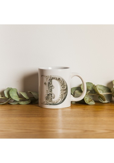 D Harfi Bardak, Monogram 330 Ml Barok Oymalı Görünüm Beyaz