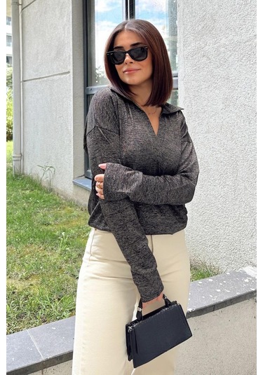 Kadın Antrasit Polo Yaka Basic Bluz, Uzun Kol, Regular Kesim, Günlük Ve Spor Sweatshirt Antrasit