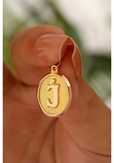 14 Ayar Altın J Harfi Nostalji Oval Kolye Ucu 548612219