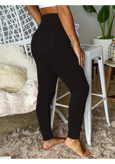 Kadın Kısa Kollu Madonna Yaka Viskon Crop Bluz Cepli Iki Iplik Eşofman Takım Siyah