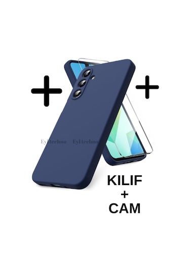 Samsung Galaxy Uyumlu A56 5g Kılıf Renkli Yumuşak Silikon Kapak Ekran Koruyucu Cam 9h Temperli -lacivert Lacivert