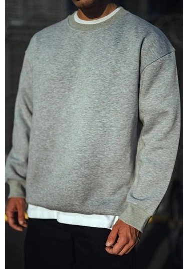 Kışlık Bisiklet Yaka Üç İplik Basic Sweatshirt - Gri Siyah