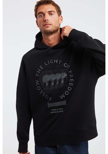 Olympos Erkek %100 Organik Pamuk 3 Iplik Oversize Baskılı Kapüşonlu Kordonlu Siyah Sweatshirt