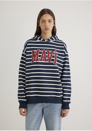 Mavi - Mavi Logo Baskılı Lacivert Çizgili Sweatshirt 1s10118-81518 Mavi