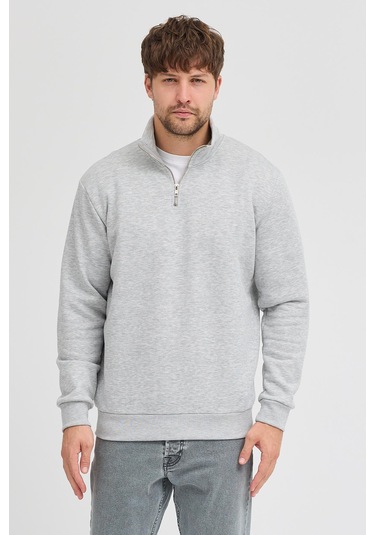 Unisex Regular Fit Rahat Kesim Pamuklu Içi Polarlı Yarım Fermuarlı Gri Dik Yaka Sweatshirt Gri