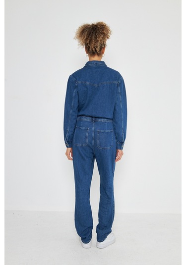 Denim Rahat Kalıp Cıt Cıt Kapamalı Tulum Koyu Mavi