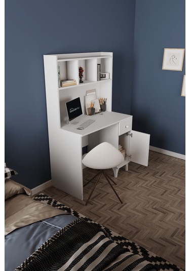 Df09107 Çekmeceli Kapaklı Kitaplıklı Çalışma Masası Beyaz