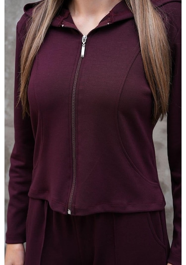 Elaxi Modal Kumaş Slim Fit Kapüşonlu İkili Takım Bordo