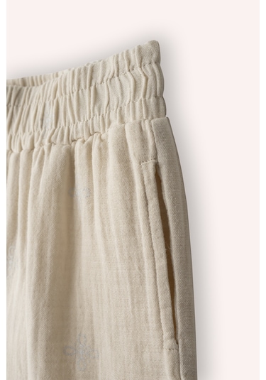 Panço Kız Çocuk Baskılı Müslin Pantolon Bej