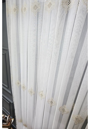 Tül Perde Farbateks Dikim Örme Çizgi Yeni Model Tasarım Renk Desen 3kat Sık Pileli Tül Perde Sarı-gold