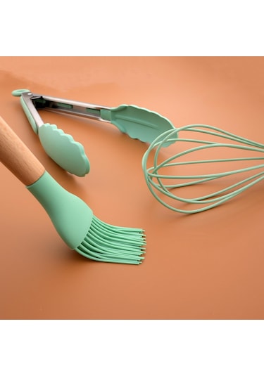 Yeşil Yeşil Silikon Mutfak Pişirme Gereçleri Seti Yapışmaz Tencere Spatula Kürek Yumurta Çırpıcı Ahşap Saplı Mutfak Alet Seti 4pcs Yeşil