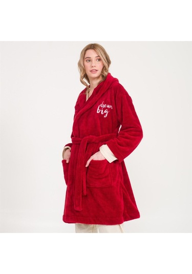 Welsoft Kapüşonlu Peluş Kadın Sabahlık Bordo
