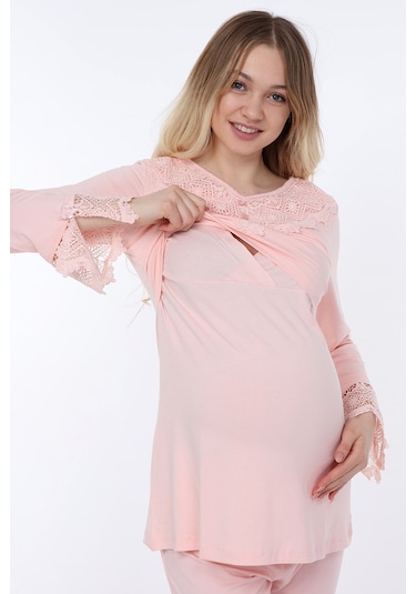 Luvmabelly Myra9512 - Dantelli Düğmeli Flaplı Hamile Pijama Takımı - Pembe-pembe