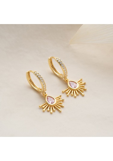 Vaoov 925 Ayar Gümüş Pembe Damla Taşlı Güneş Küpe Altın