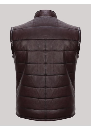 Hakiki Deri Işlemeli Cepli Erkek Yelek Kahverengi Kahverengi