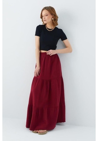 4567 Kadın Fırfırlı Uzun Müslin Etek Bordo Bordo