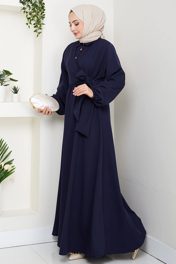 Çapraz Bağlamalı Gömlek Yaka Elbise 1636 - Lacivert Lacivert