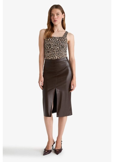 Defacto Kalem Yüksek Bel Penye Astar Suni Deri Midi Etek D4638ax25aubn116 Kahve