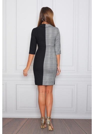 E.T.'S Element'S Kadın Siyah Beyaz Ekoseli Ofis Elbisesi Siyah