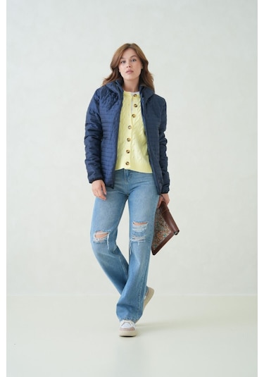 İçi Astarlı Su Ve Rüzgar Geçirmez Cepli Kapüşonlu Kadın Mont Lacivert