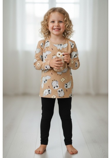 Baykuş Desenli Kız Çocuk Pijama Takım Kahverengi