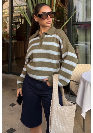 Haki Polo Yaka Çizgili Kadın Triko Kazak Mg2469 Haki
