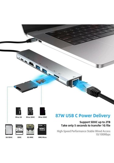 Type C To Hdmi Usb 3.0 Sd Microsd 8 İn 1 Kart Rj45 Ethernet Çevir