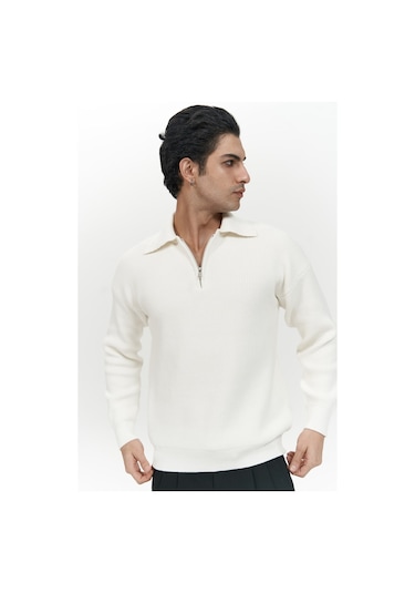 Oberon Polo Yaka Yarım Fermuarlı Ekru Erkek Triko Kazak Ekru