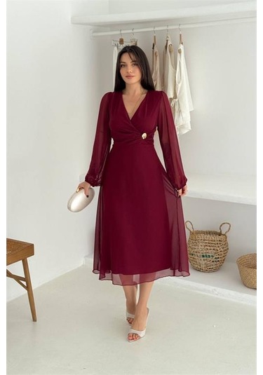 Neşeli Butik Kadın Bordo Astarlı Tokalı Şifon Elbise Nbk30281 Bordo