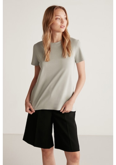 Samantha Kadın %100 Organik Pamuklu Comfort Fit Arkası Uzun Basic Örme Açık Gri T-shirt