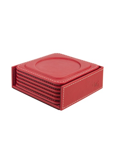 Bardak Altlığı,6 Lı Set,masaüstü Yuvarlak Cup Coaster,vegan Suni Deri,11x11 Cm.,kırmızı Kırmızı