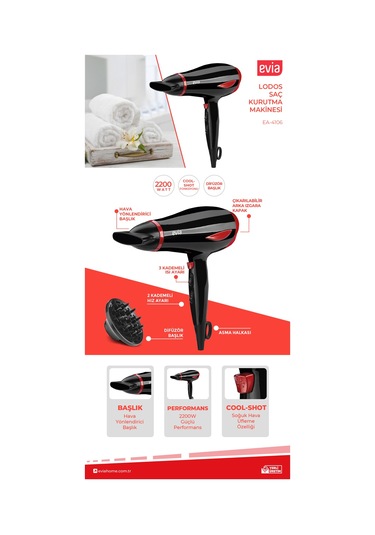Evia Lodos 2200Watt DC Motorlu Isı ve Hız Ayarlı Difüzör Başlıklı Saç Kurutma Fön Makinesi Gold