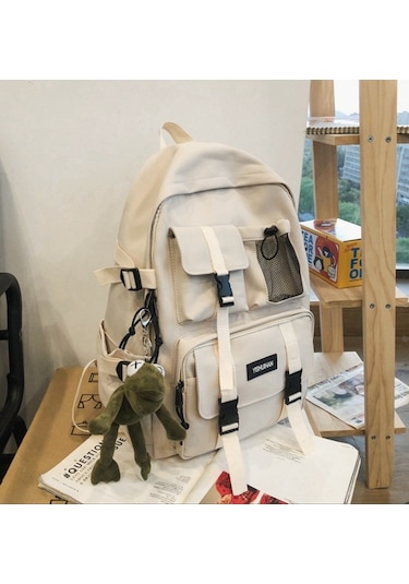 White Çoklu Cep Sırt Çantası Erkekler Kanvas Ekleme Toka Beyaz