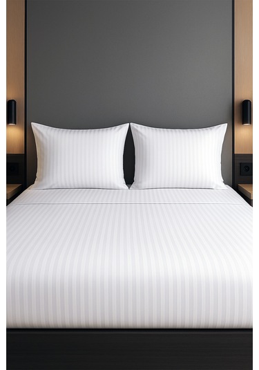 Pamuk Saten Çizgili Nevresim Takımı Çift Kişilik Beyaz