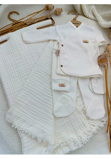 Kız Erkek Bebek 4 Kat Müslin Battaniyeli Ekru 6'lı Hastane Çıkışı Ekru