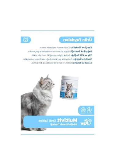 Glütensiz Ve Şekersiz Kedi Vitamin Tableti - Multivit Plus 60 Adet