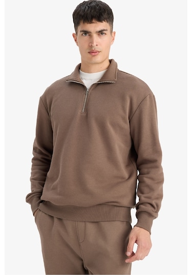 Defacto Regular Fit Dik Yaka Yarım Fermuarlı İçi Yumuşak Tüylü Basic Düz Sweatshirt X7405az25aukh154 Haki
