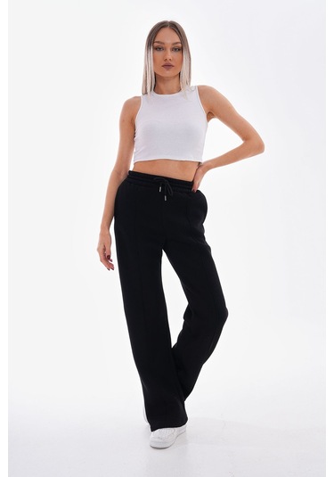 Kallima Çımalı Siyah Kışlık Şardonlu Yüksek Bel Bol Paça Eşofman Siyah