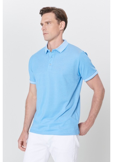 Ac&Co / Altınyıldız Classics 4A4820200047Sabm Düğmeli Polo Yaka Cepsiz Slim Fit Erkek Tişört Saks Mavisi - Beyaz Saks Mavi