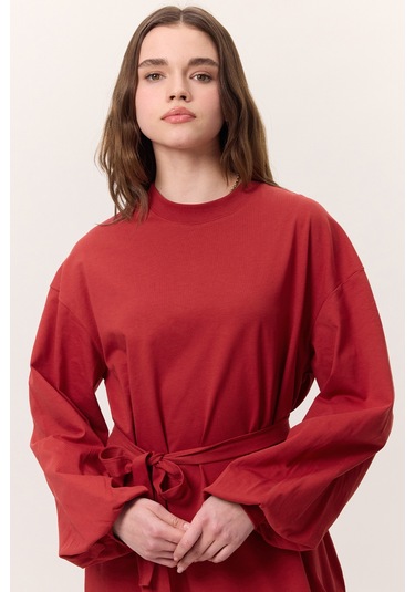 Balon Kollu Uzun Rahat Elbise Kırmızı Kırmızı