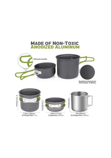 Createtech Yeşil Tencere Tava Sırt Seti, Paslanmaz Çelik Katlanabilir Çatal Kaşık İle Açık Hava Pişirme Çantası Kp Yeşil