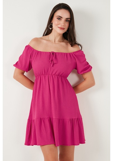 Lela Önü Büzgülü Balon Kollu Mini Bayan Elbise 5869005 Fuşya