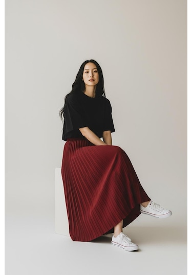 Pileli Pamuklu Dokuma Viskon Kışlık Etek 95 Cm - 38-48 Bordo