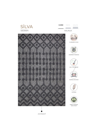 Silva Antrasit Halı Yıkanabilir Halı Balkon Halısı Oturma Odası K Antrasit