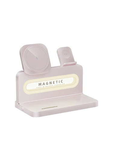 Ht-539 Masaüstü Gece Lambası 15w Manyetik Katlanabilir Telefon Saati Kulaklık Kablosuz Şarj Cihazı Pembe